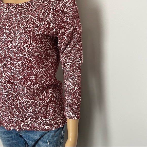 Loft Cotton Sweater Fern Print Crewneck Button Back Burgundy/Cream Size Small - Picture 3 of 12